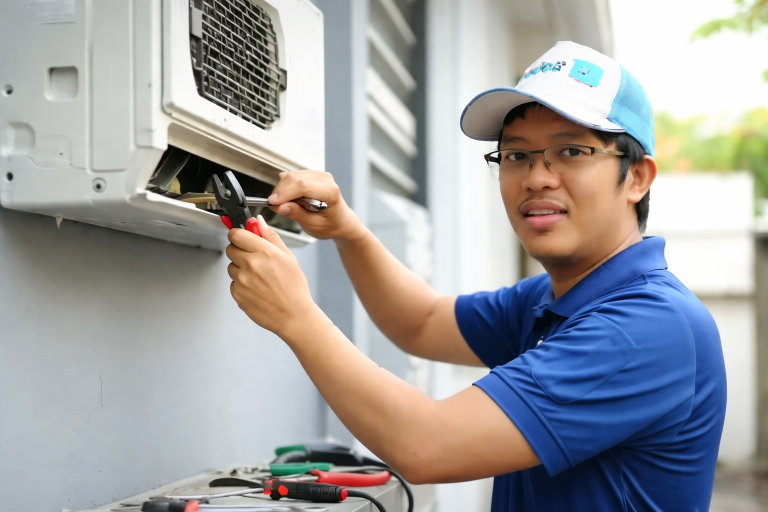 Aircon technician performing service